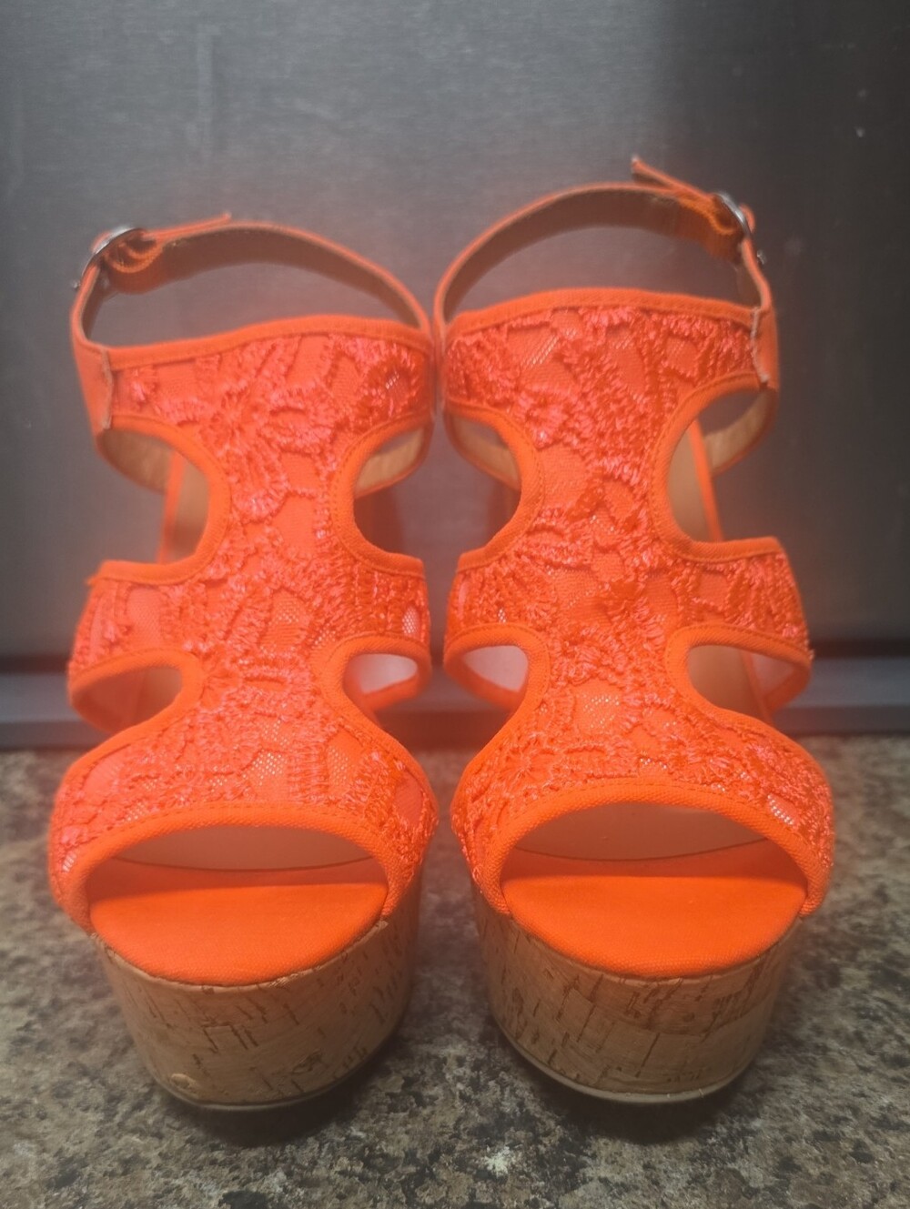 Women's Orange Lace Cork Wedge Sandals